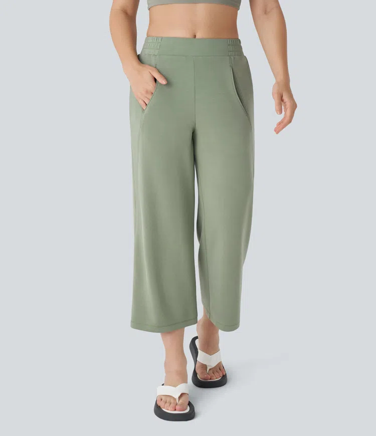 Mid Rise Side Pocket Straight Leg Casual Cropped Pants