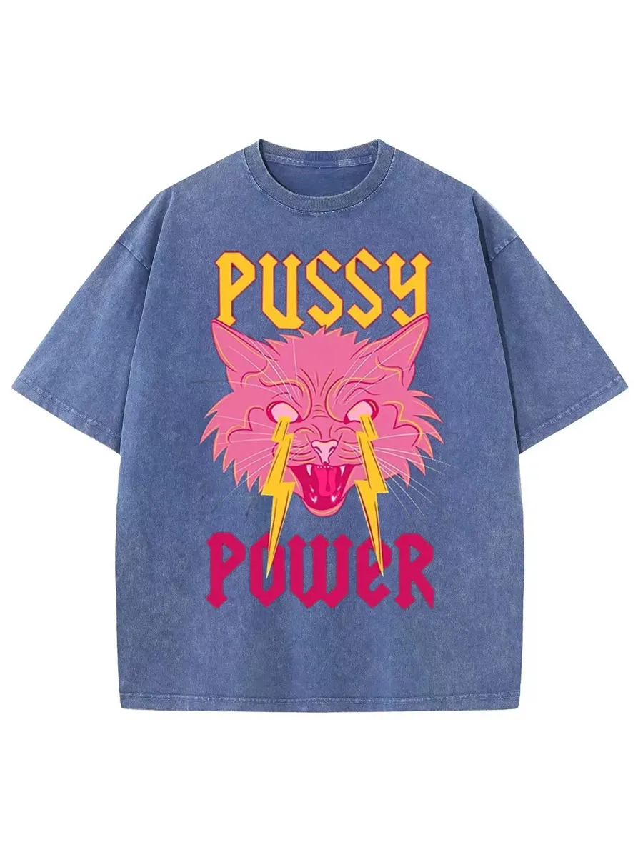 PUSSY POWER UNISEX VINTAGE SOLID WASH DENIM T-SHIRTS