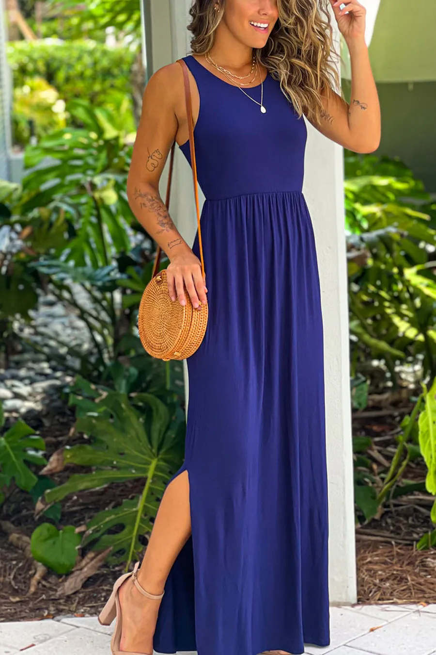 Navy Racer Back Maxi Dress With Side Slit