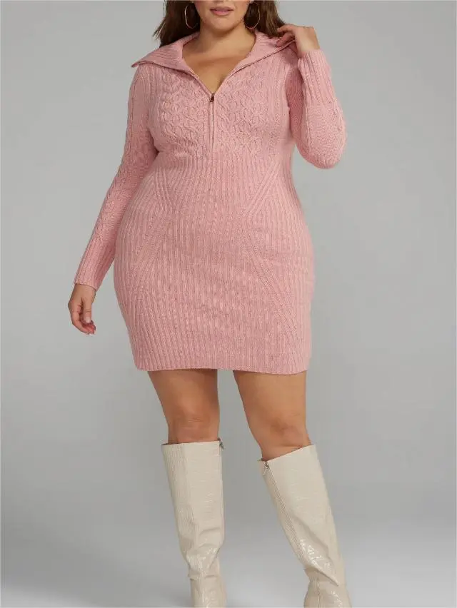 Cable Knit Half Zip Sweater Dress