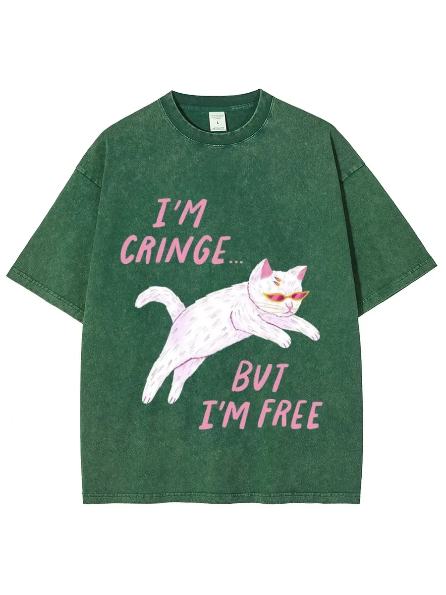 IM FREE UNISEX OVERSIZED PRINT VINTAGE WASH DENIM T-SHIRT