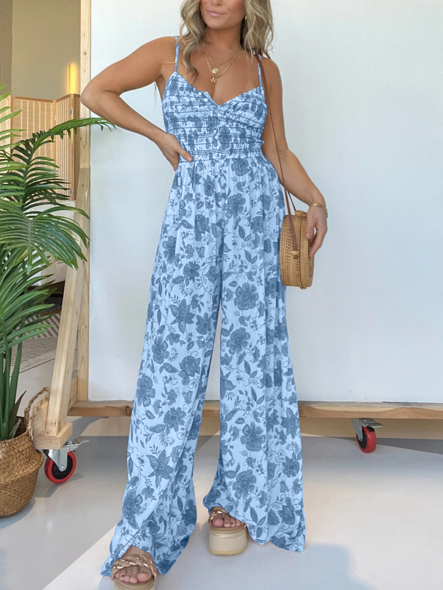 Floral suspender jumpsuit wide leg pants