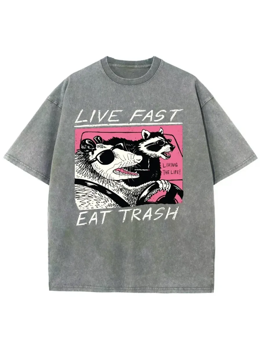 LIVE FAST EAT TRASH UNISEX PRINTED RETRO WASHED SHORT SLEEVED T-SHIRT