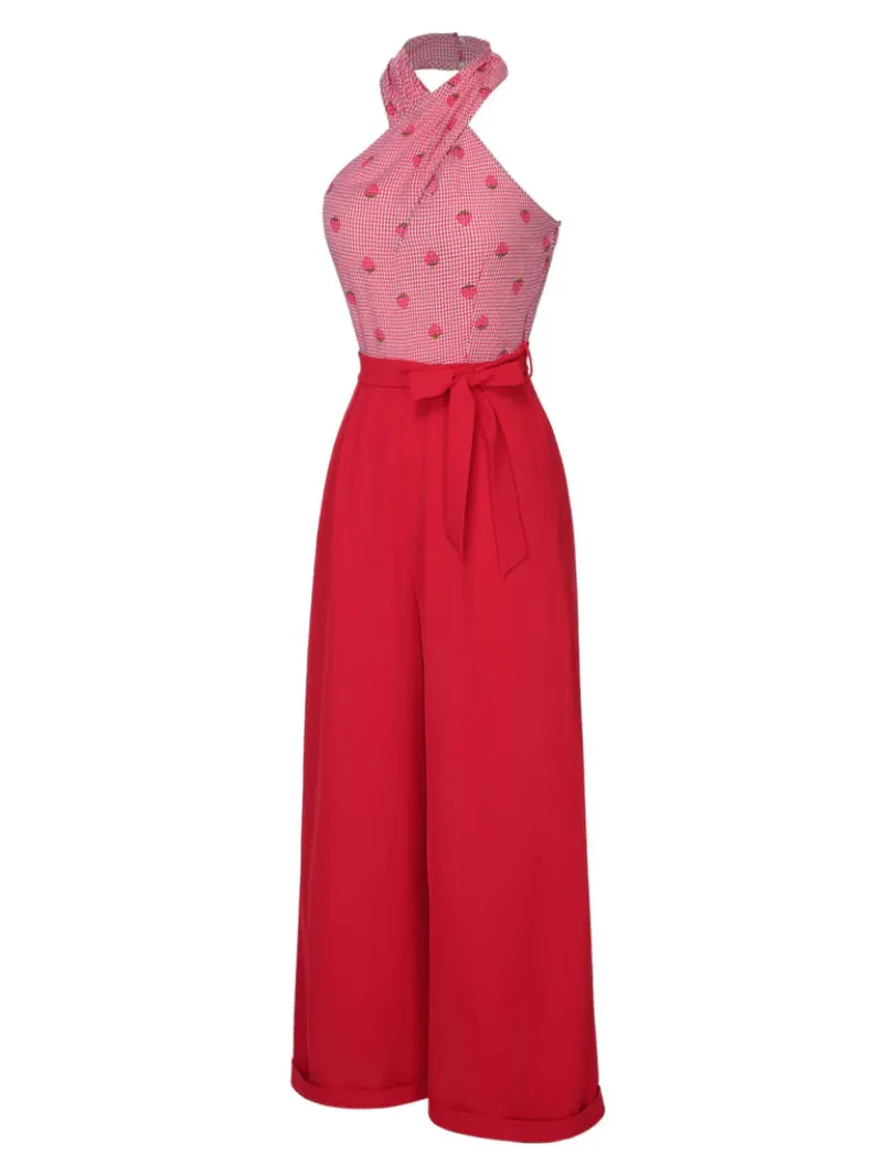 RED 1950S STRAWBERRY CROSS HALTER JUMPSUIT