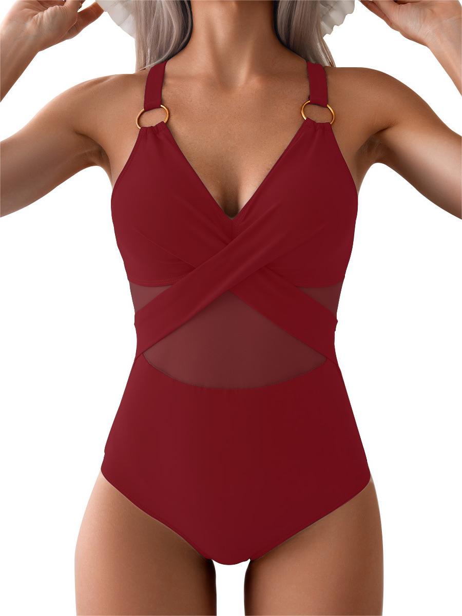 One-piece swimsuit for women solid color mesh bikini swimsuit