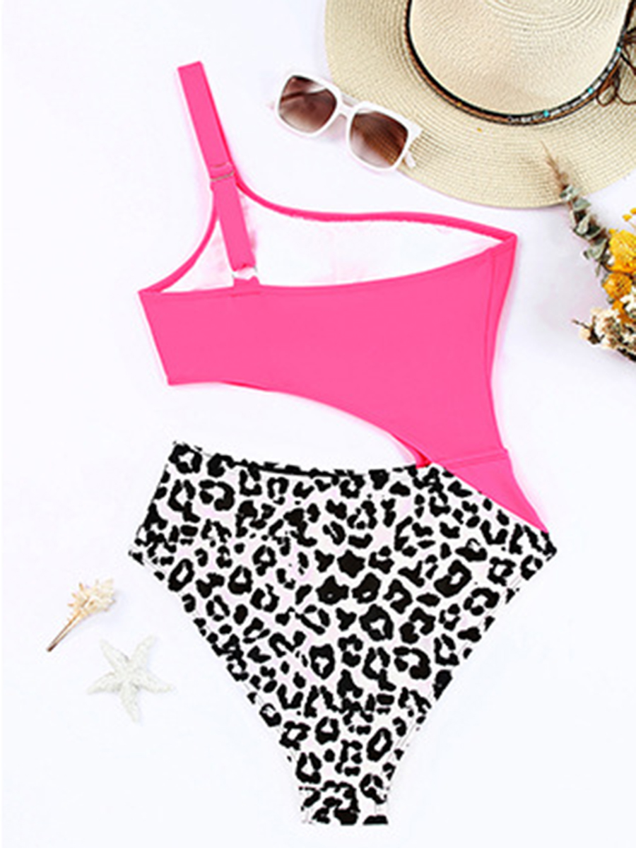 Leopard Print One Shoulder Tight Triangle One Piece Swimsuit