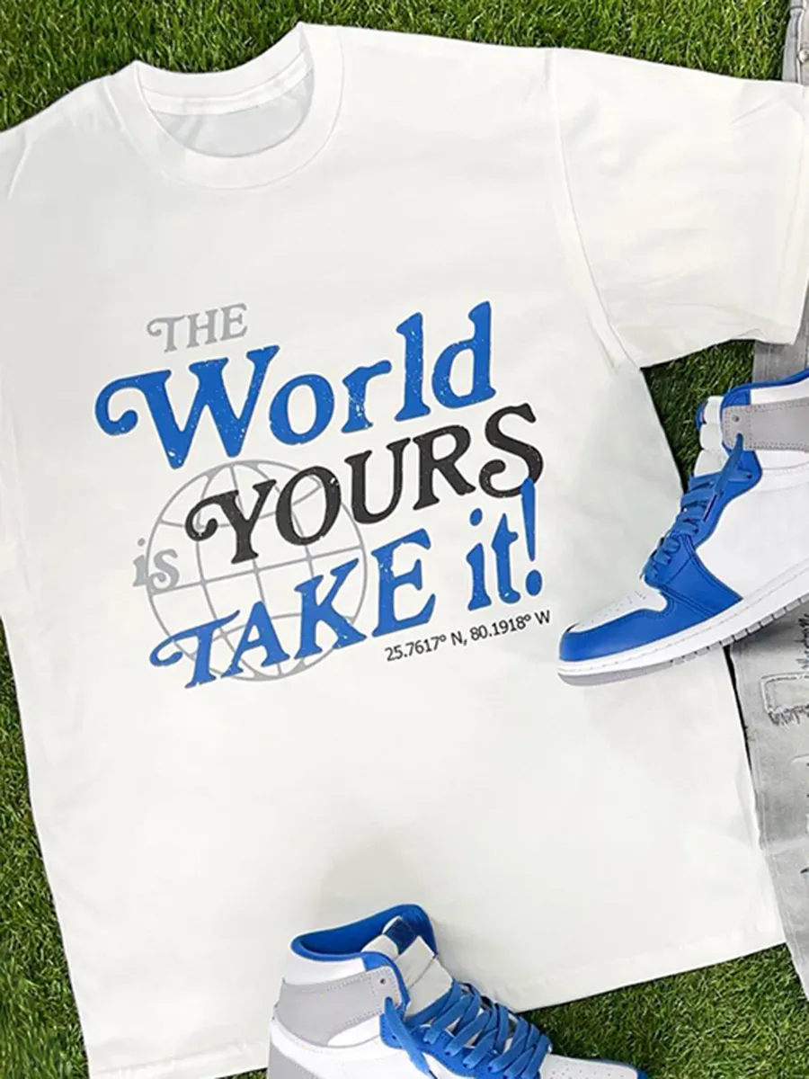 Travel the World T-Shirt Distressed Graphic Block Denim Two-piece Set