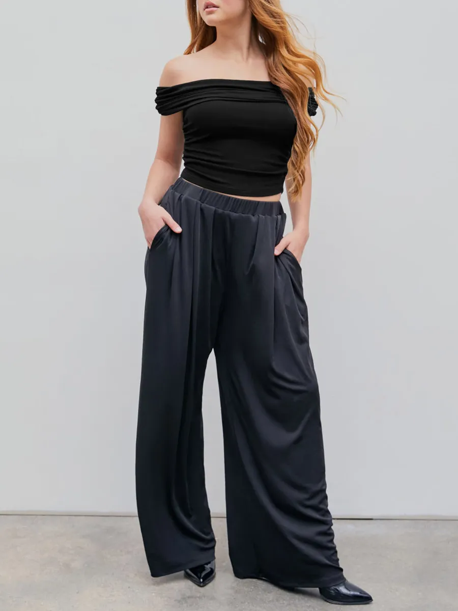 Solid Elastic Waist Wide Leg Pants