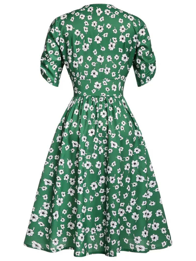 GREEN 1940S V-NECK FLORAL DRESS