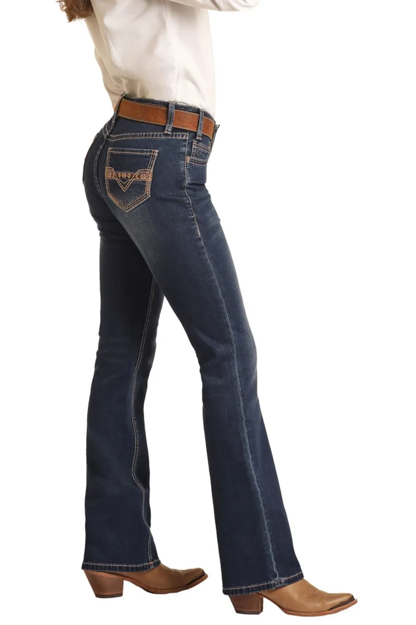 Women's mid-waist pocket line design details denim pants