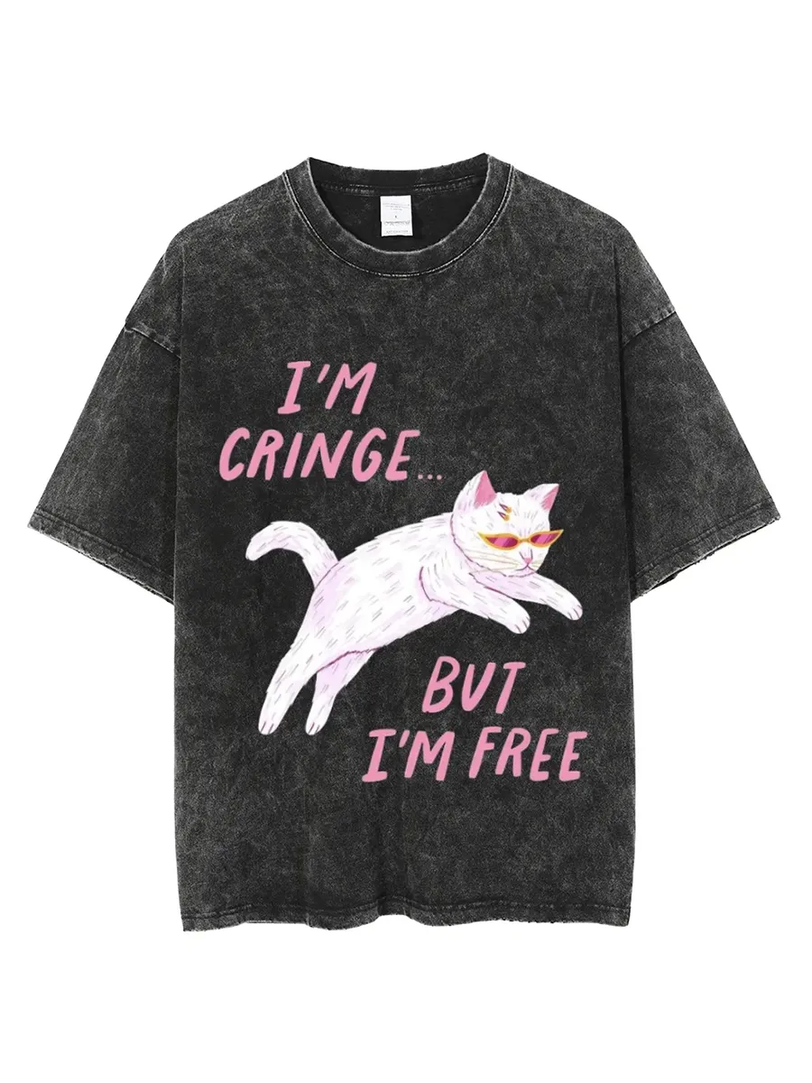 IM FREE UNISEX OVERSIZED PRINT VINTAGE WASH DENIM T-SHIRT