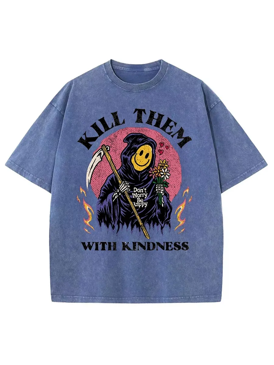 KILL THEM WITH KINDNESS UNISEX OVERSIZED PRINT VINTAGE WASH DENIM T-SHIRT