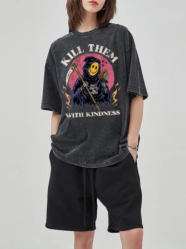 KILL THEM WITH KINDNESS UNISEX OVERSIZED PRINT VINTAGE WASH DENIM T-SHIRT