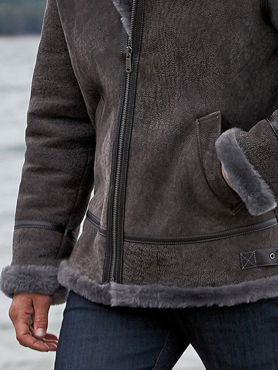 Men's outdoor warm dark gray suede jacket