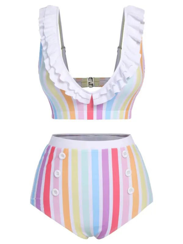 MULTICOLOR 1950S RAINBOW STRIPES SWIMSUIT