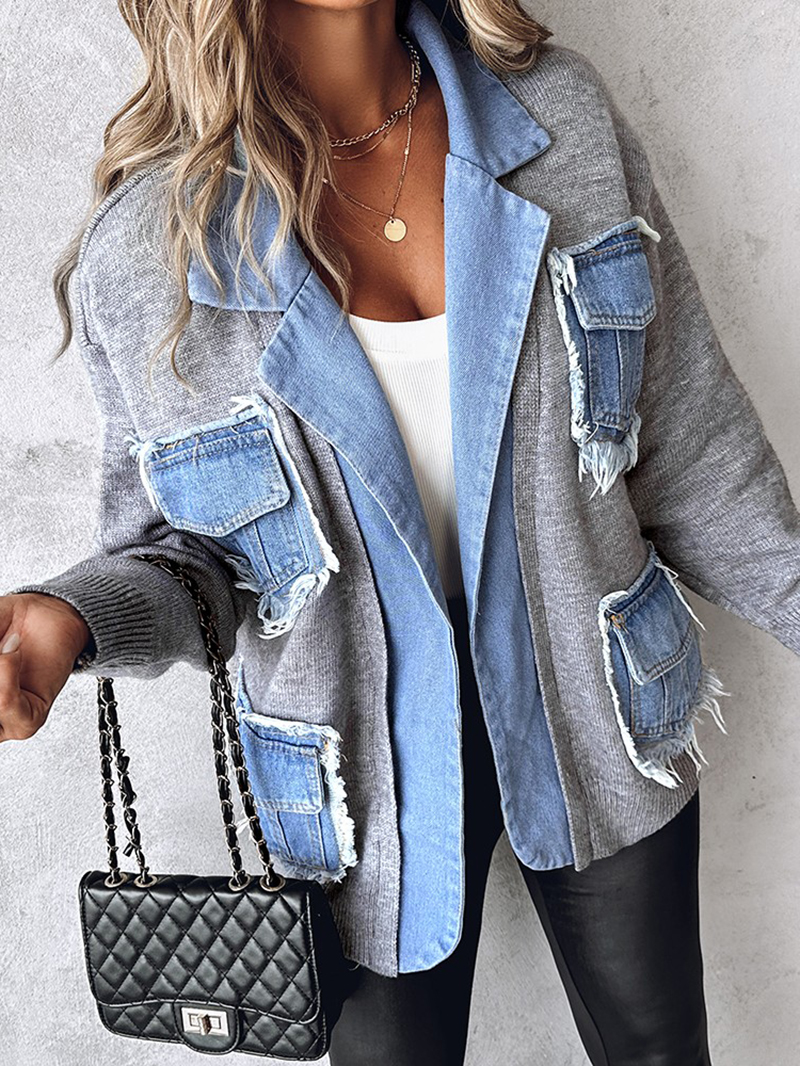 Casual knitted patchwork denim jacket