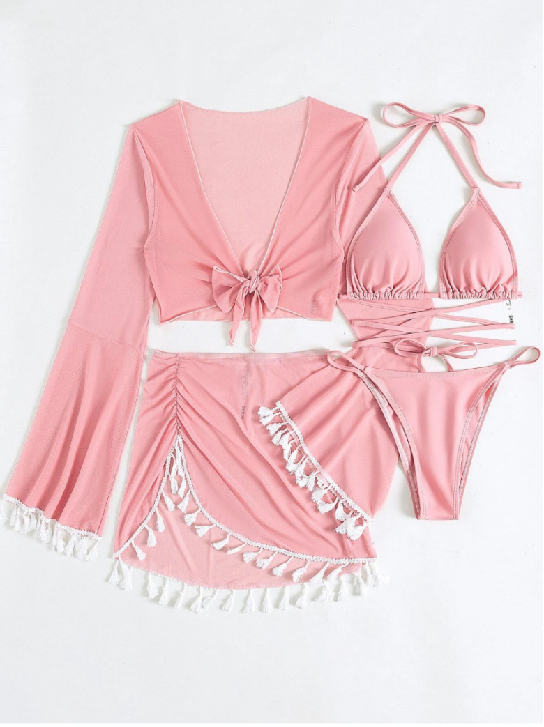 Four-Piece Set Solid Color Tassel Blouse Mesh Skirt Bikini Wholesale Swimsuit For Women