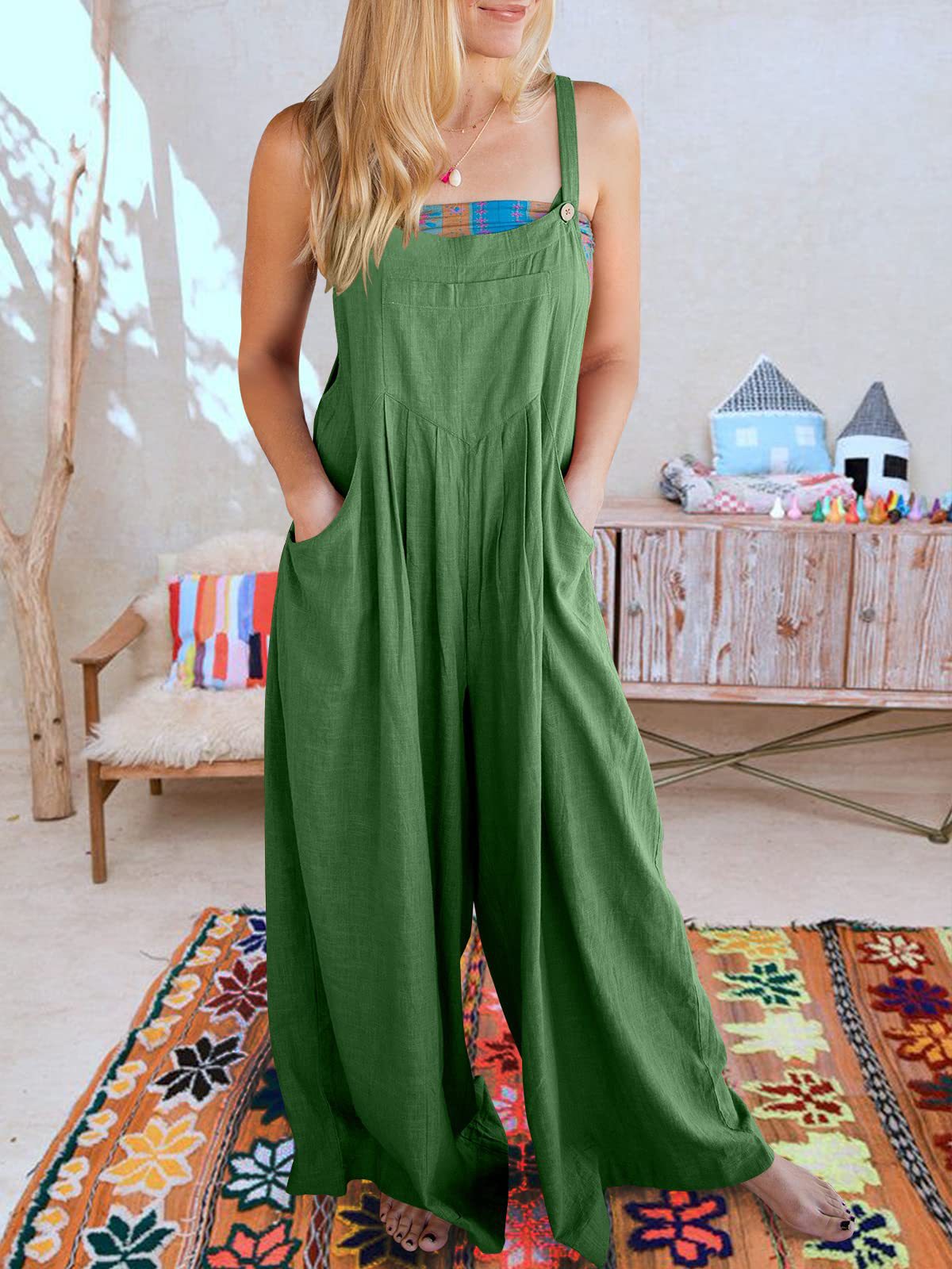 Solid Color Loose Casual Cotton And Linen Suspender Jumpsuit