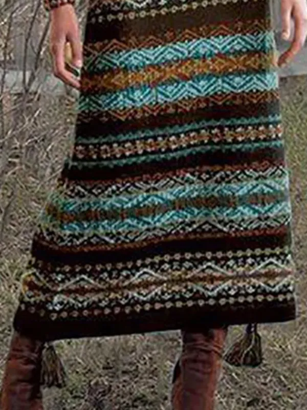 Vintage Ethnic Style Color Printed Knitted Skirt