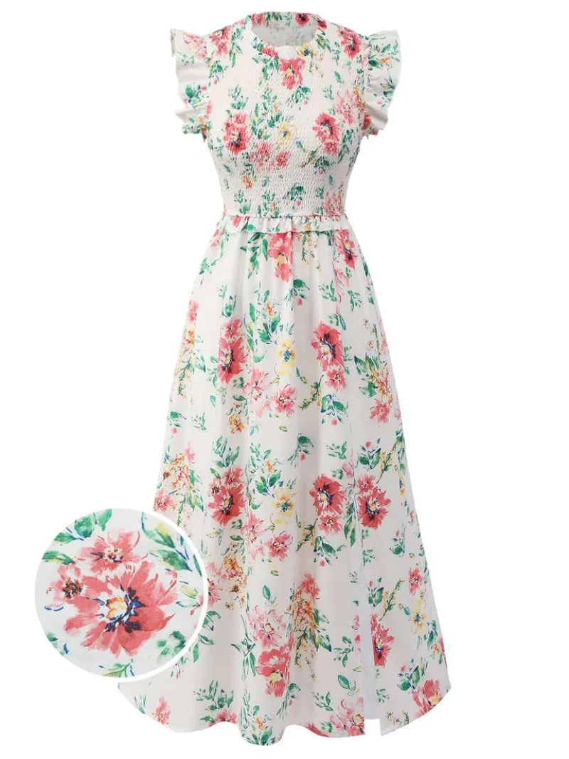 WHITE 1940S SLEEVELESS FLORAL RUFFLES DRESS