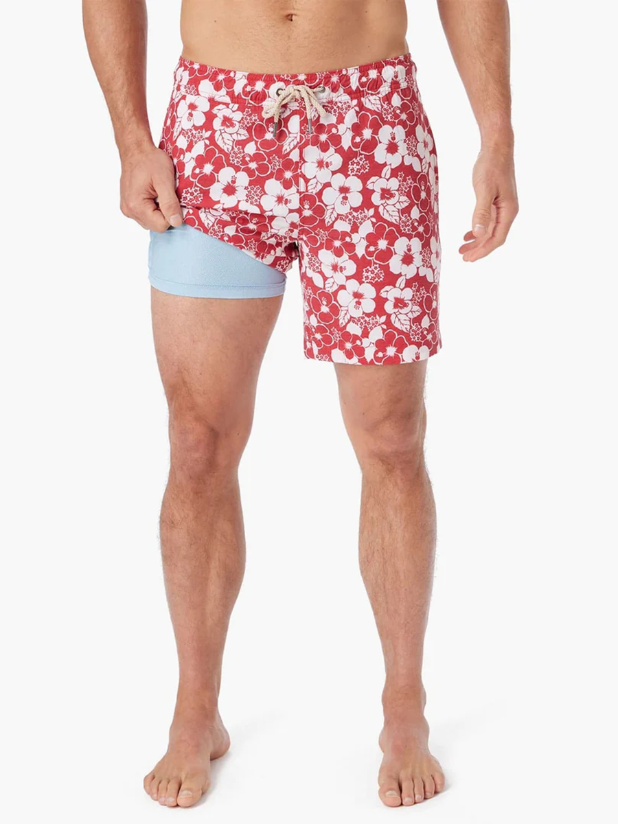 Men's Nautical Red-Stamped Hibiscus Beach Shorts