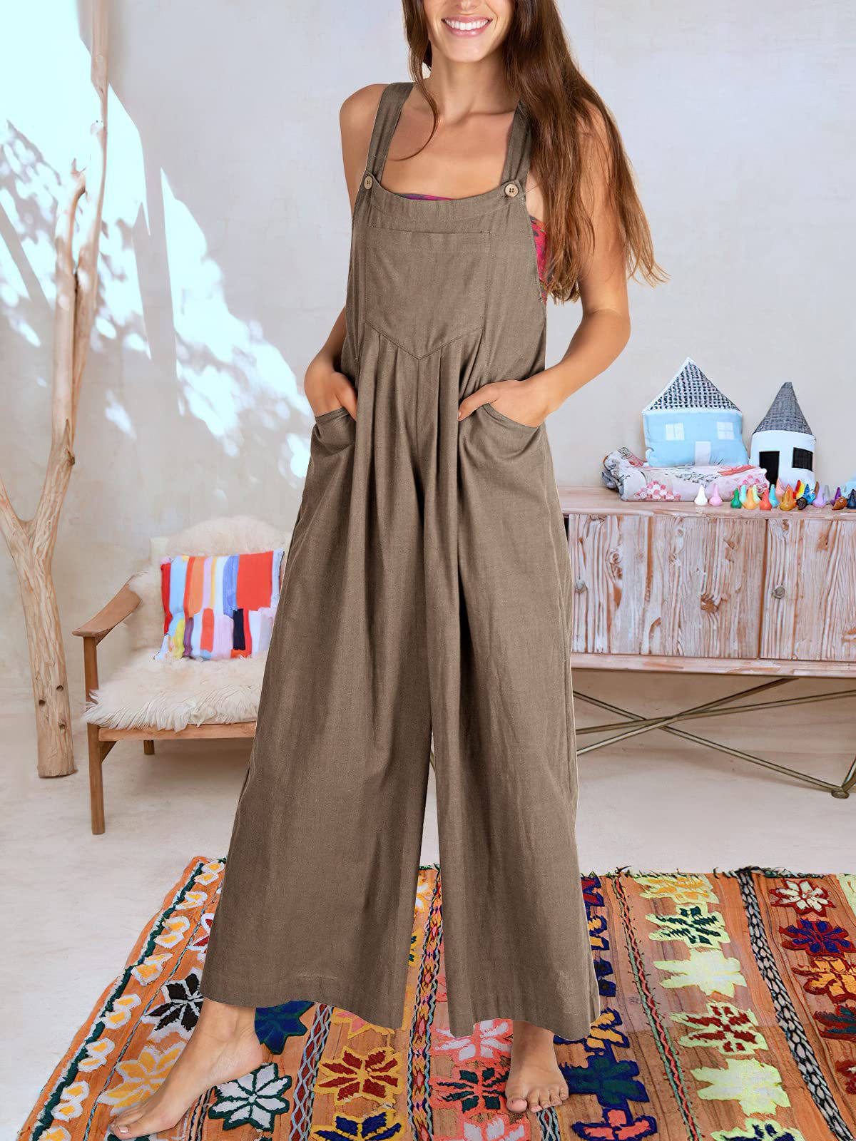 Solid Color Loose Casual Cotton And Linen Suspender Jumpsuit