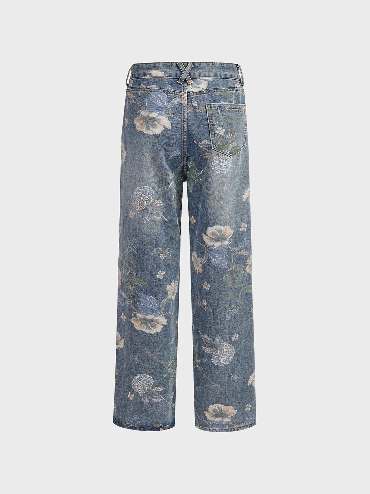 Denim Floral Straight Pants Jeans