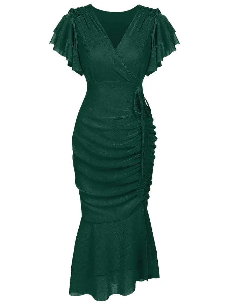 1930S RUFFLE LACE-UP FISHTAIL DRESS