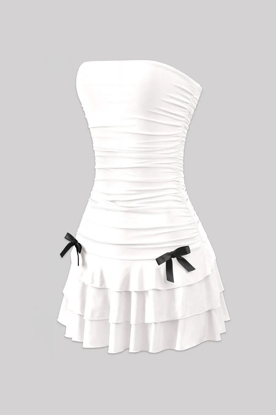 Coquette Strapless Ruched Ruffle Mini Dress With Bow Detail