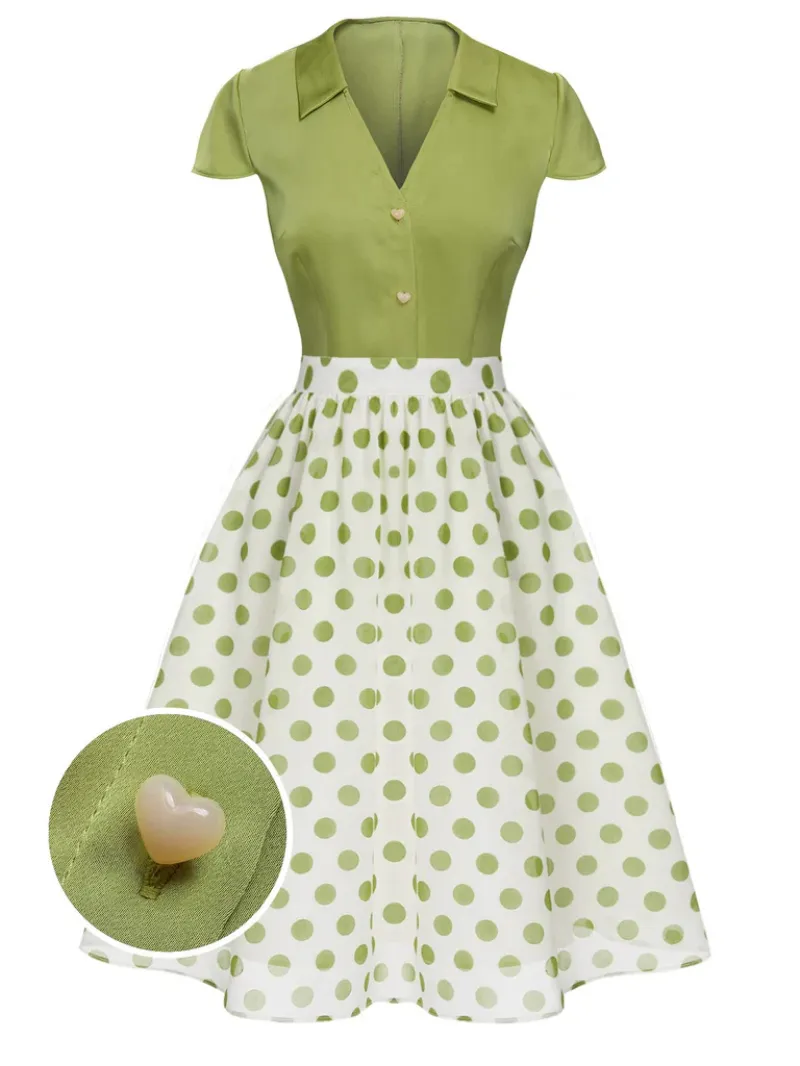 2PCS GREEN 1940S BUTTONS SHIRT & POLKA DOTS SKIRT