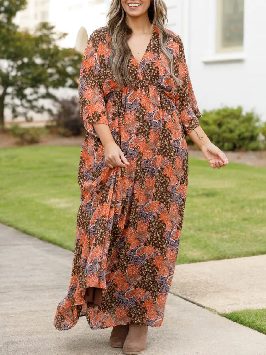 Fragmented floral pattern loose fitting long dress