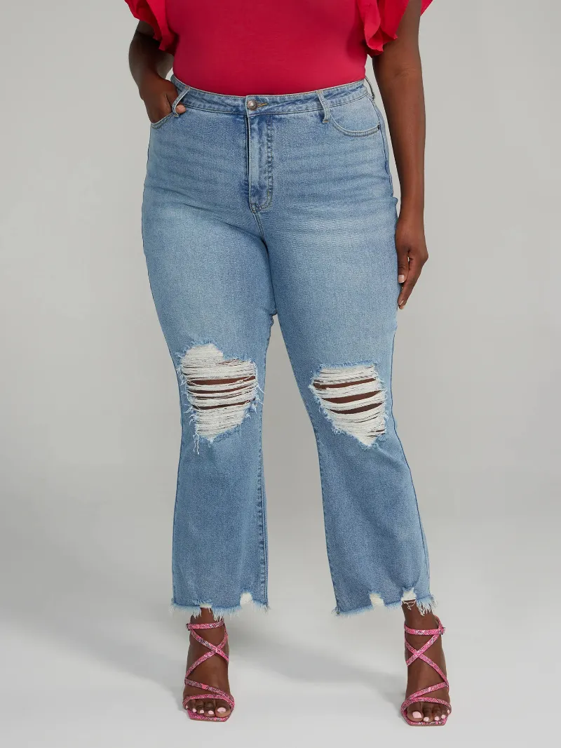 High Rise Destructed Flare Jeans - Short Inseam