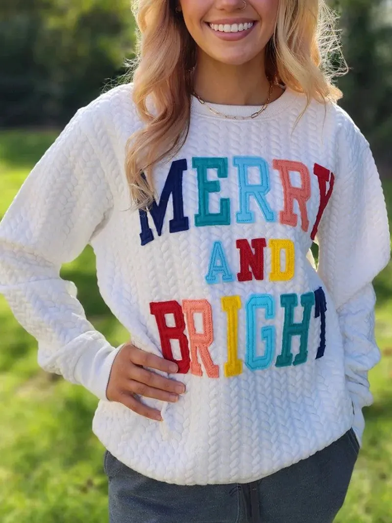 White Merry And Bright Cable Knit Pullover Sweatshirt