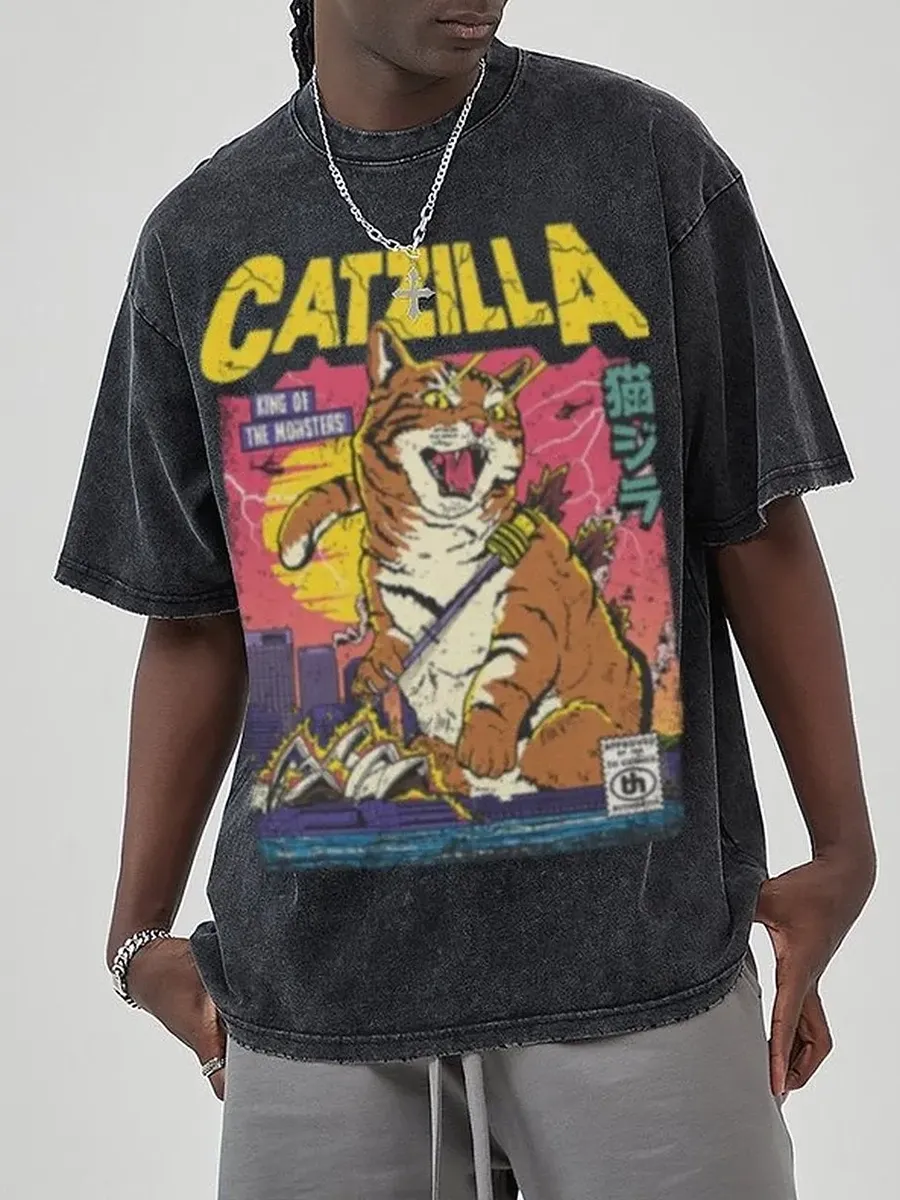 CATZILLA RETRO TITAN UNISEX VINTAGE SOLID WASH DENIM T-SHIRTS